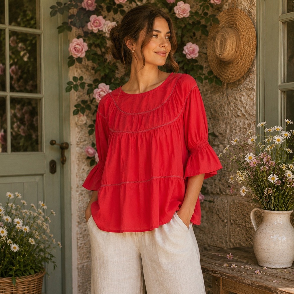 Merlette Sol Pima Cotton Peasant Top Sz XS Tiered Puff Sleeve Boho Cottage